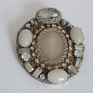 Boho Ottaviani Bijoux Woven Silver Metal Gemstone Rhinestone Statement Brooch